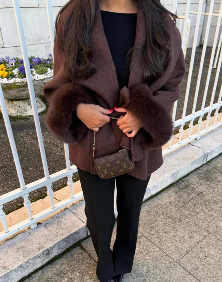 WOLLMANTEL MIT PELZ - MOCCA