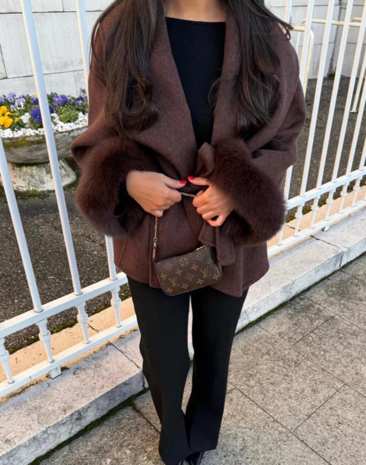 WOLLMANTEL MIT PELZ - MOCCA