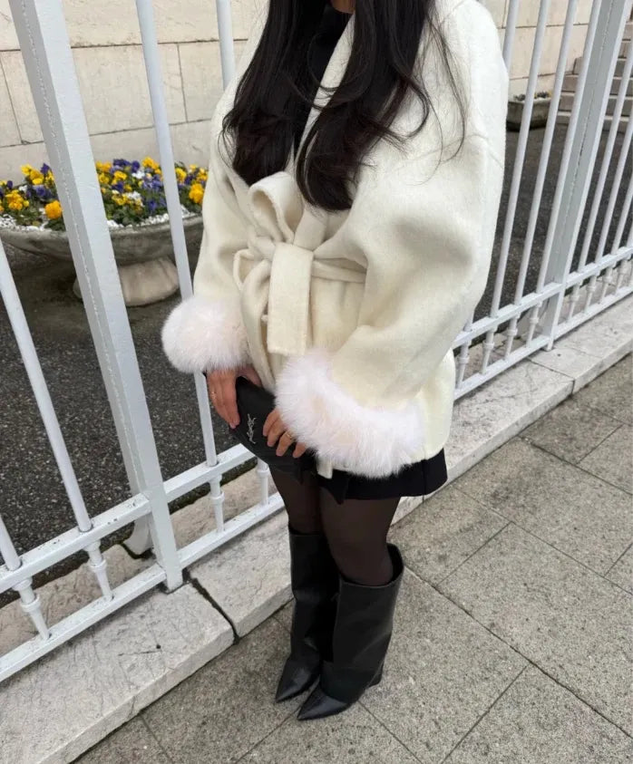 WOLLMANTEL MIT PELZ - WEISS